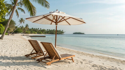 A serene beach scene featuring two wooden lounge chairs beneath a large white umbrella, set on soft, pale sand. The calm blue ocean stretches out towards the horizon under a clear sky.