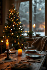 Cozy Christmas Dinner Table by the Fireplace