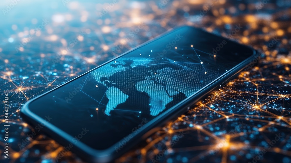 Aufkleber Smartphone displaying world map with interconnected network lines on glowing node surface symbolizing global connectivity and digital interaction concept