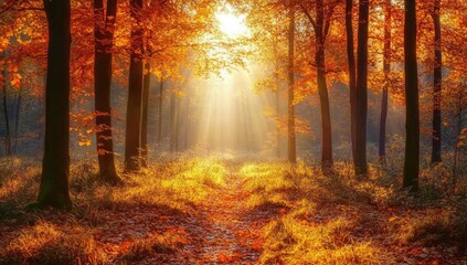 Obraz premium Autumn forest pathway bathed in sunlight