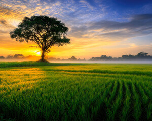 A serene sunrise casts warm golden hues over lush rice fields, creating a tranquil landscape.
