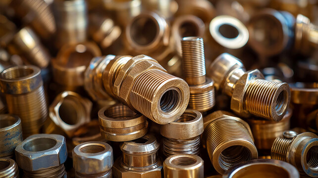 Pile of various brass pipe fittings scrap, showcasing intricate details of threaded connectors, nuts, fittings. Brass scrap commonly found in workshops, recycling facilities, industrial settings