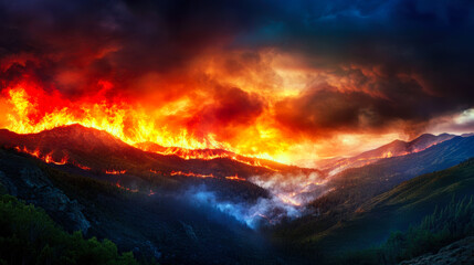 Naklejka premium A captivating landscape showcases a fierce wildfire raging across mountains, with intense flames illuminating the dark clouds, creating a dramatic scene of nature’s raw power and danger.