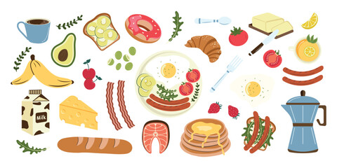 Hand-drawn illustration of a breakfast set. Healthy delicious food and hot drinks. Vector flat illustration