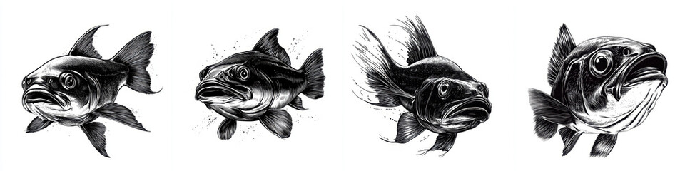 detailed illustration of various fish species, showcasing their unique features and expressions in striking monochrome style