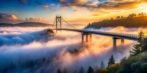 Obraz premium Misty Bridge Landscape: Foggy River, Scenic Crossing, Atmospheric View