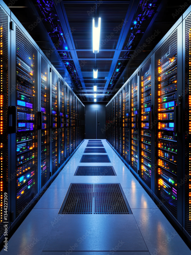 Aufkleber a captivating view of a high-tech data center, showcasing illuminated server racks lining the corrid