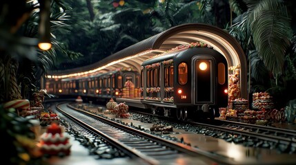 Festive train journey through a lush jungle fantasy setting nighttime scene whimsical atmosphere