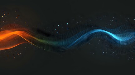 Abstract glowing orange and blue wave lines with particles floating on dark background, dynamic light motion effect creates futuristic energy flow pattern.