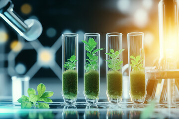 group of test tubes containing green plants showcases beauty of nature and science. vibrant greenery contrasts with laboratory setting, symbolizing growth and innovation