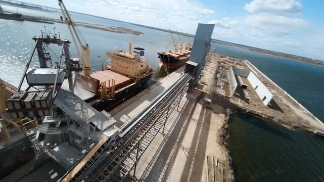 Wheat loading process captured from an FPV drone at the coastal bulk carrier terminal
