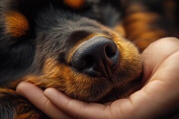 Close up of sleeping dog. Black nose and brown fur resting on a hand. Detail of pet snout. Animal nap. Peaceful sleep.