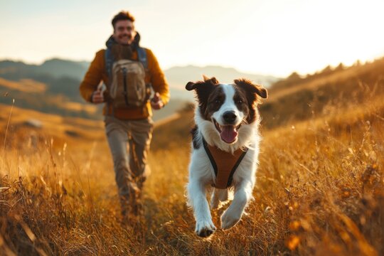 Happy dog running towards camera during hike with owner in sunny golden field on hilltop. Man with backpack enjoys adventure with pet friend.