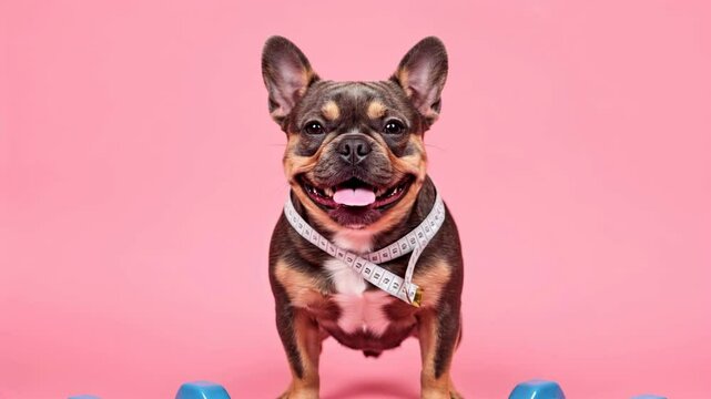 French bulldog on scale with measuring tape and dumbbells against pink background. Smiling dog with fitness equipment. Pet health and weight management. Veterinary services, pet food, fitness products