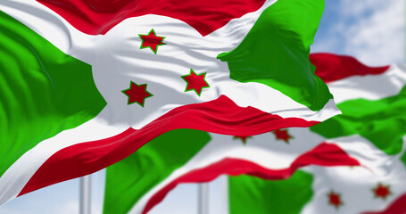 National flags of Burundi waving in the wind on a clear day