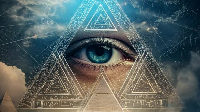 Human eye within mystical triangle symbol against cosmic background. Ancient hieroglyphs and geometric patterns overlay. Spiritual awakening, consciousness, divine knowledge concept.