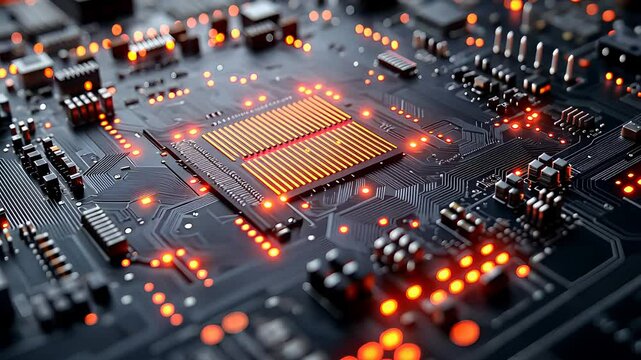Close-Up of a High-Tech Circuit Board with Glowing Microchip and Digital Connections in a Futuristic Electronic System

