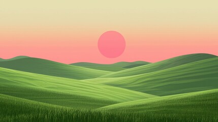 Serene Green Hills Under Soft Pink Sunset Sky Landscape Scene