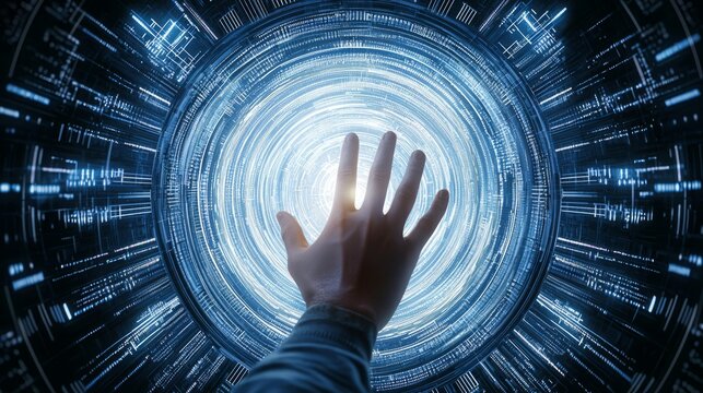 Time warp future parallel. A glowing portal with a hand reaching towards it, symbolizing exploration, technology, and connection between dimensions.