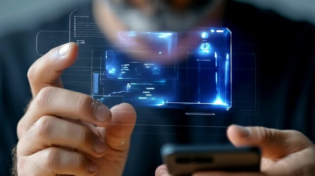 Man using futuristic holographic interface with digital data visualization. Technology innovation, transparent screens. Business analytics, data science. Digital transformation, fintech solutions