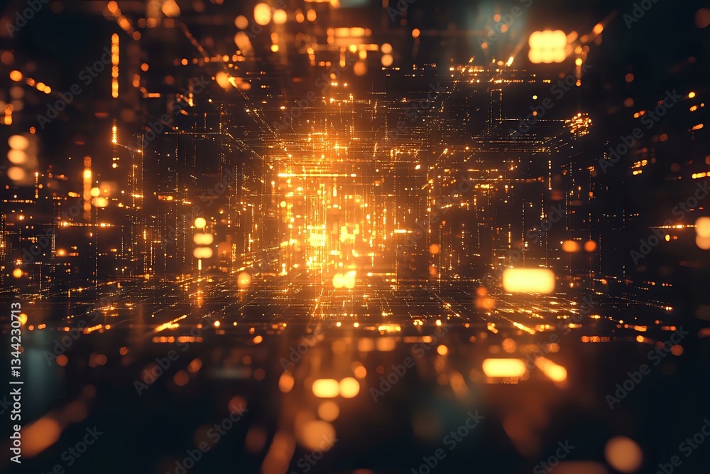 Poster abstract digital network with glowing orange particles and light trails forming futuristic grid patt