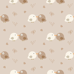 Bird couple cartoon so cute. On heart bow background. Pattern seamless vector illustration. 