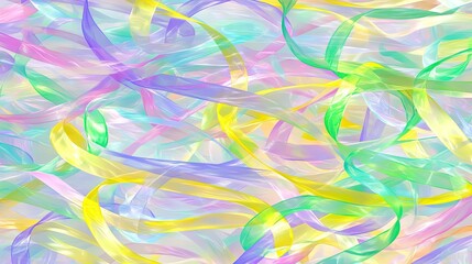Colorful ribbons swirl in a soft pastel background