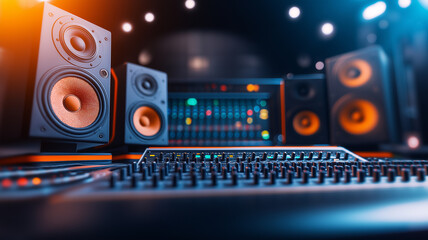 Fototapeta premium modern recording studio featuring professional audio equipment, including speakers and mixing console, creates inspiring atmosphere for music production