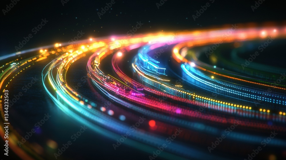 Poster abstract close-up of vibrant multicolored light trails swirling in concentric circles against a dark