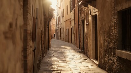 Fototapeta premium Sunlit Stone Alleyway in Historic European Town