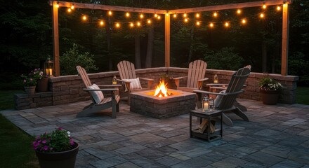 Fototapeta premium Inviting Backyard Fire Pit Scene with Adirondack Chairs at Dusk