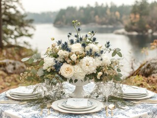 Elegant floral centerpiece with white and blue blooms, nestled in a white vase. Perfect for wedding, event, or romantic setting imagery.