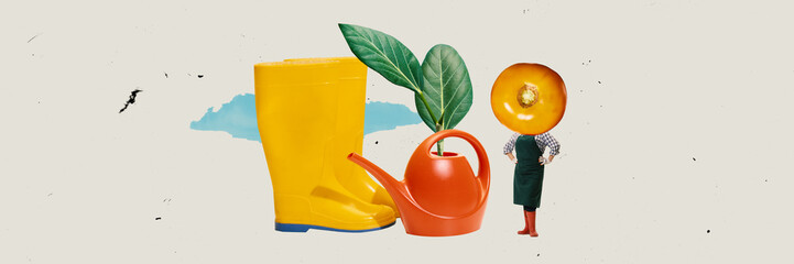 Contemporary art collage. Bright yellow boots, watering can, green leaves, and tomato-headed farmer standing. Surrealism. Concept of gardening, agriculture, organic growth, food cultivation © master1305
