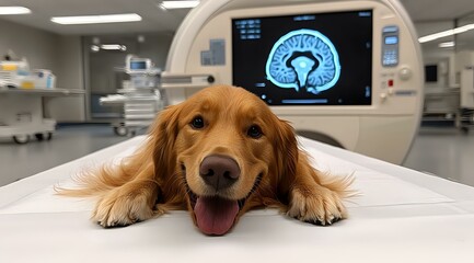 Golden retriever lying on medical examination table with brain scan display in background at veterinary clinic, showing happy expression and tongue out.