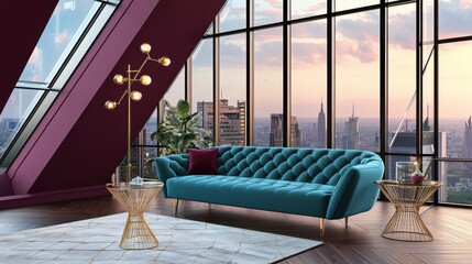 Obraz premium Elegant contrast attic loft living room, deep burgundy walls, oversized turquoise tufted sofa, brass lighting, glass partitions, sunset city skyline view