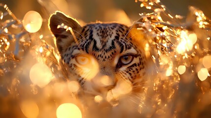 Mysterious leopard face peering through golden bokeh lights and glowing branches creates magical wildlife atmosphere for nature and fantasy designs.