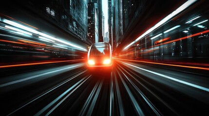 Fototapeta premium High-speed train racing through a futuristic cityscape at night