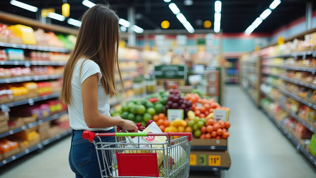 mulher em super mercado com carrinho de compra com frutas ao fundo