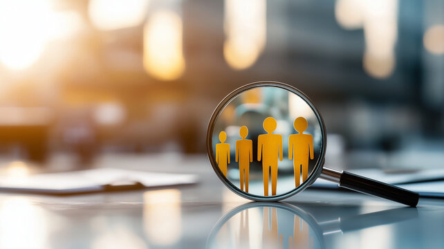 magnifying glass focuses yellow paper cutouts of people, symbolizing teamwork and collaboration modern office setting. warm sunlight creates vibrant atmosphere, enhancing theme of connection and