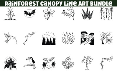 Rainforest Canopy Line Art Bundle Tropical Plants, Animals, and Scenery