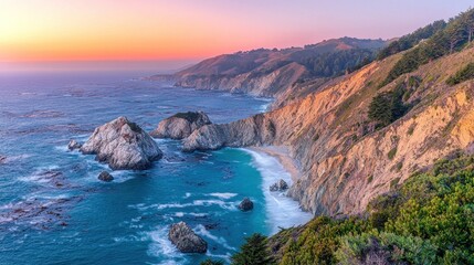 Coastal California sunset cliffs, dramatic seascape, scenic overlook