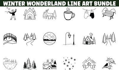 Winter Wonderland Line Art Bundle Cozy Cabin, Snow, Deer, Fun