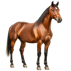 Obraz premium A majestic chestnut stallion stands in full profile, its muscular build and flowing black mane exuding strength and elegance. High-resolution, realistic portrait on a white background, perfect for