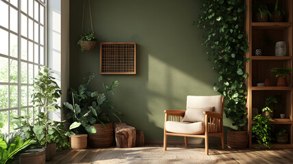 Obraz premium Nature-Inspired Interior Room with Wooden Furniture and Leaf Accents