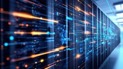 A long row of server racks in a modern data center with vibrant streaks of light illustrating dynamic data flow and processing activity and efficiency