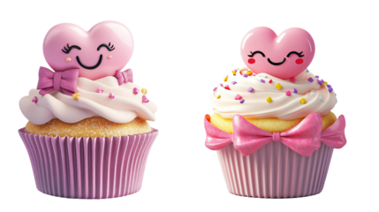 Cute Mother's Day Cupcakes with Pink Heart Toppers, Bows, and Sprinkles on Transparent Background
