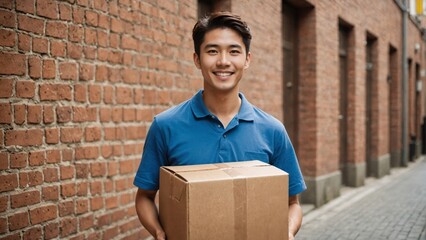 Asian man working as a courier, embodying dedication and professionalism in delivering packages