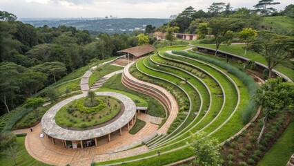 Aerial view of a lush green terraced landscape design, featuring a circular structure at its center and a city skyline in the background. The