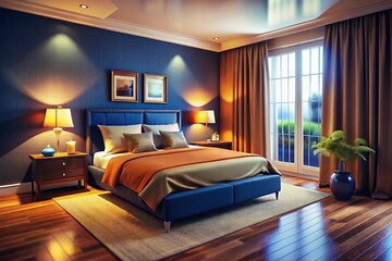 Modern King Bedroom, Navy Walls, Orange Curtains, Tilt-Shift Photography