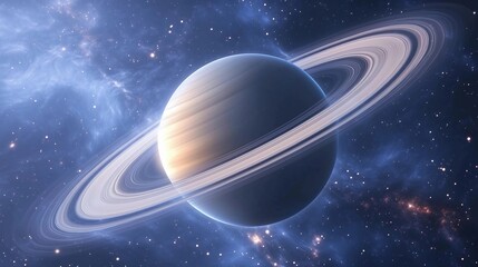A large planet with a ring around it is shown in a blue sky. The planet is surrounded by a lot of stars and the sky is filled with light. Scene is peaceful and serene, as the planet
